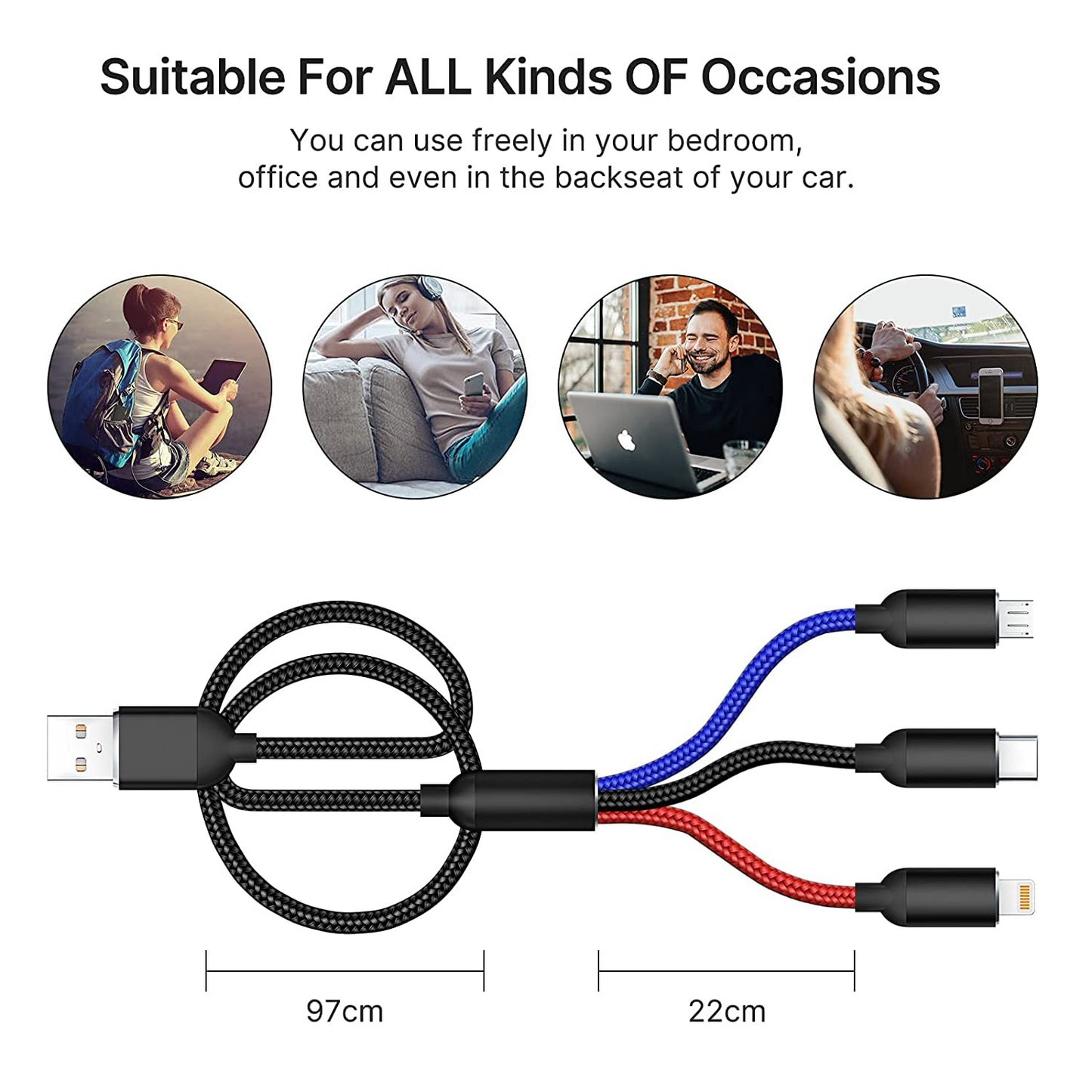 Multi Charging Cable, Multi Charger Cord Nylon Braided Multi 3 in 1 Charger Cable USB Multi Charger Cable with Type-C, Micro USB and iPhone Port, Compatible with Most Phones & iPads