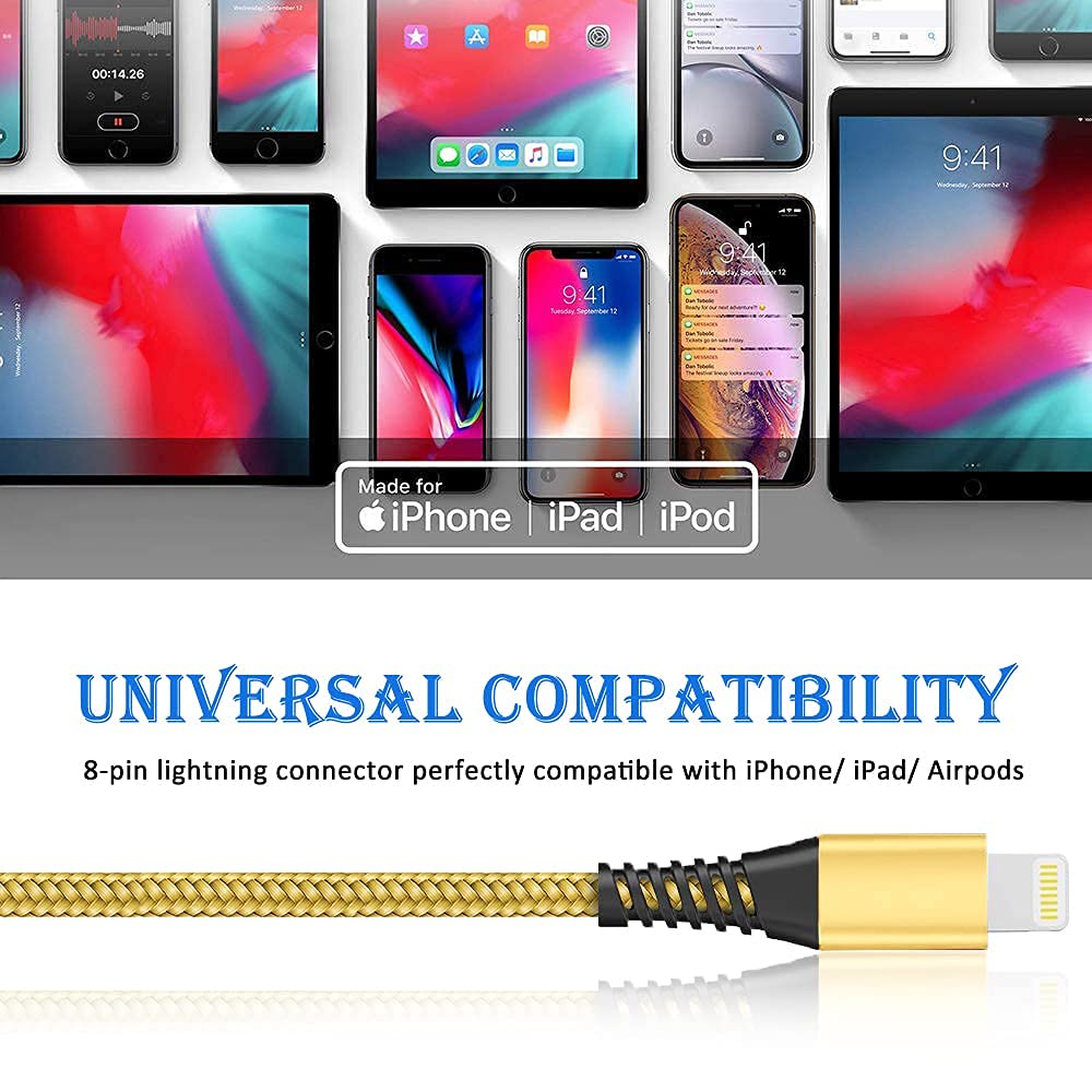 iPhone Charger Cable [2M,2 Pack] MFi Certified USB A to Lightning Cable Long iPhone Cord Fast Charging Compatible with iPhone 14 13 12 11 Pro Max Mini XS XR X 8 7 Plus 6s, iPad-Gold