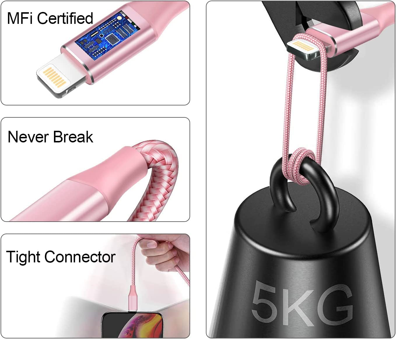 iPhone Charger Cable 2m, Long iPhone Charging Cable MFi Certified iPhone Lightning Cable Braided iPhone Fast Charging Lead for 11 12 13 14 Pro Max Mini XR XS X 10 8 7 Plus 6s 6 5s 5 SE, iPad-Pink