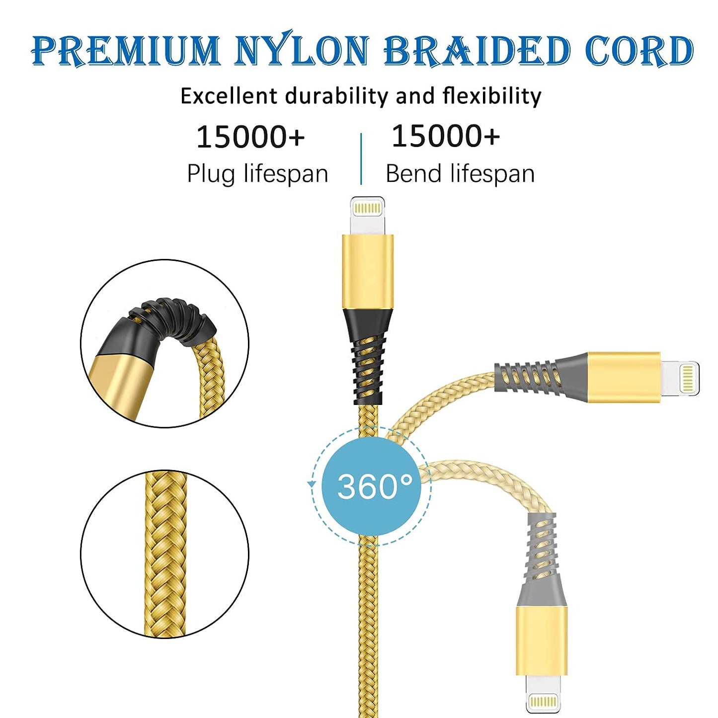 iPhone Charger Cable [2M,2 Pack] MFi Certified USB A to Lightning Cable Long iPhone Cord Fast Charging Compatible with iPhone 14 13 12 11 Pro Max Mini XS XR X 8 7 Plus 6s, iPad-Gold