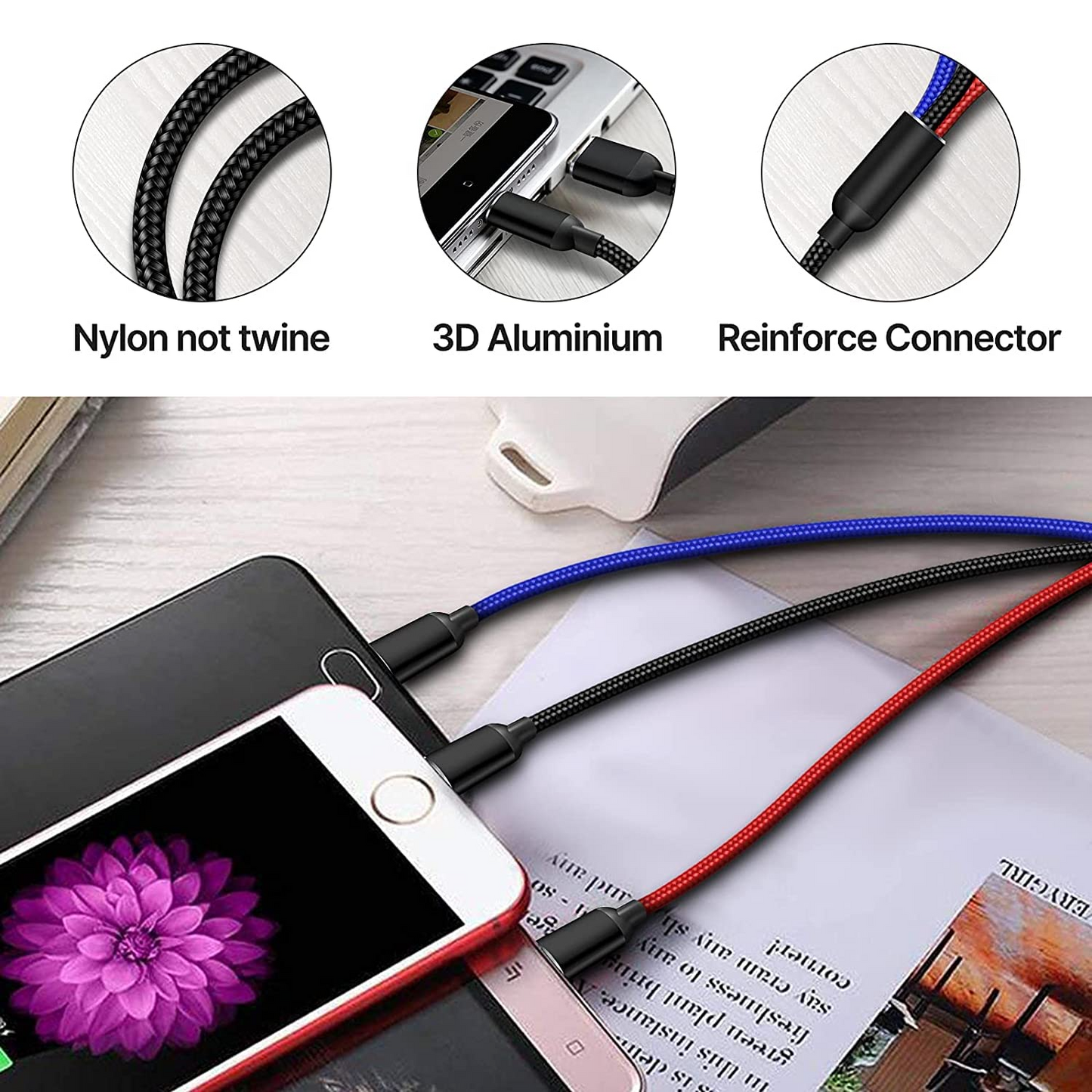 Multi Charging Cable, Multi Charger Cord Nylon Braided Multi 3 in 1 Charger Cable USB Multi Charger Cable with Type-C, Micro USB and iPhone Port, Compatible with Most Phones & iPads