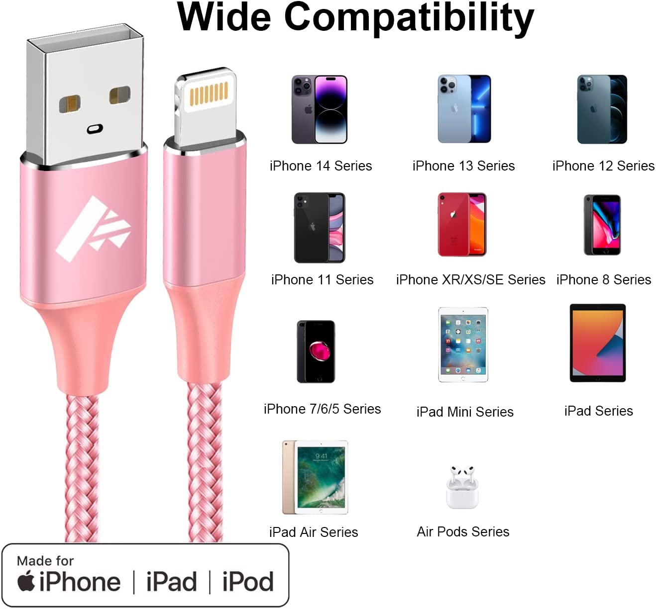 iPhone Charger Cable 2m, Long iPhone Charging Cable MFi Certified iPhone Lightning Cable Braided iPhone Fast Charging Lead for 11 12 13 14 Pro Max Mini XR XS X 10 8 7 Plus 6s 6 5s 5 SE, iPad-Pink