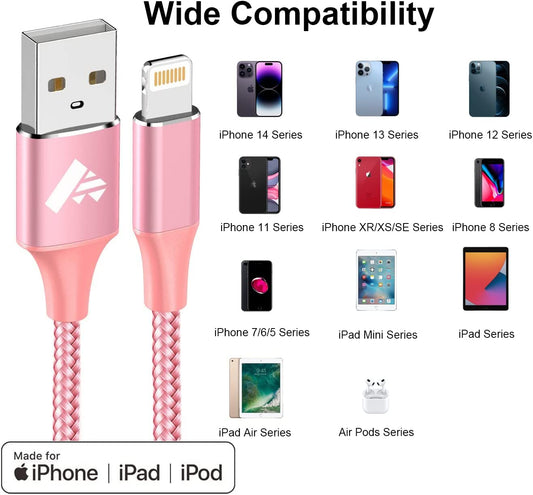 iPhone Charger Cable 2m, Long iPhone Charging Cable MFi Certified iPhone Lightning Cable Braided iPhone Fast Charging Lead for 11 12 13 14 Pro Max Mini XR XS X 10 8 7 Plus 6s 6 5s 5 SE, iPad-Pink